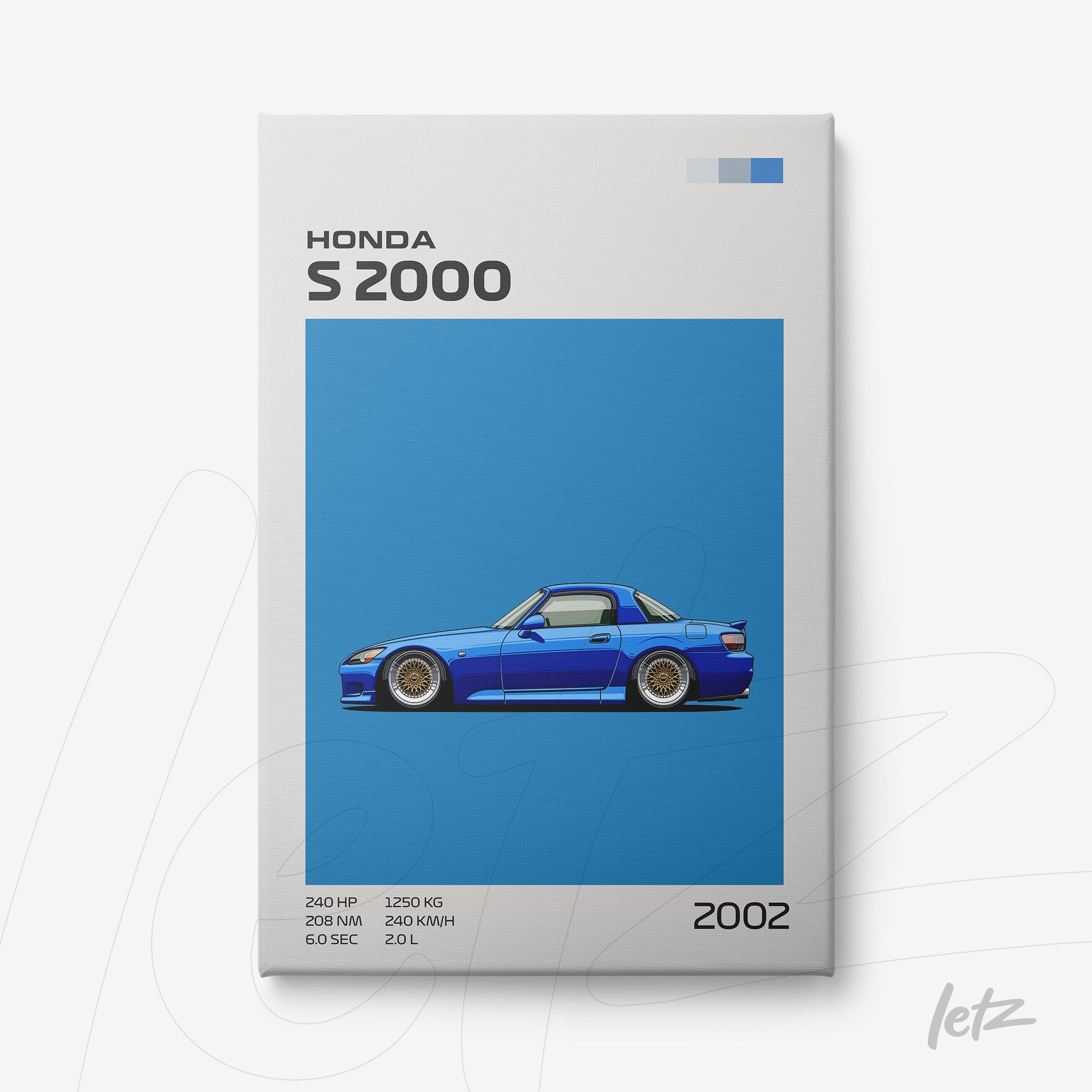 quadro em canvas com ilustração do carro Honda S2000 em fundo azul