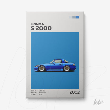 quadro em canvas com ilustração do carro Honda S2000 em fundo azul