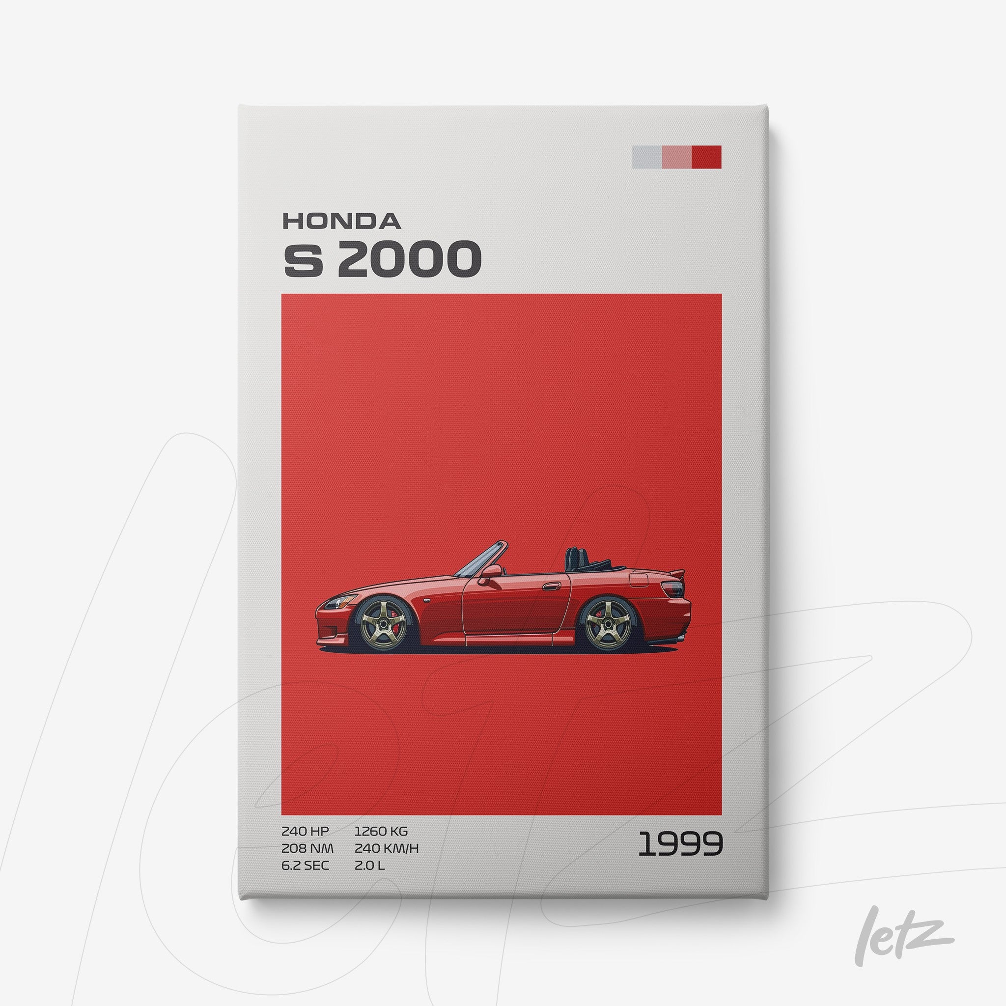 quadro em tela com ilustração do carro Honda S2000 em fundo vermelho, detalhes em branco e elementos gráficos de especificações técnicas