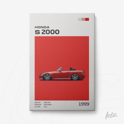 quadro em tela com ilustração do carro Honda S2000 em fundo vermelho, detalhes em branco e elementos gráficos de especificações técnicas