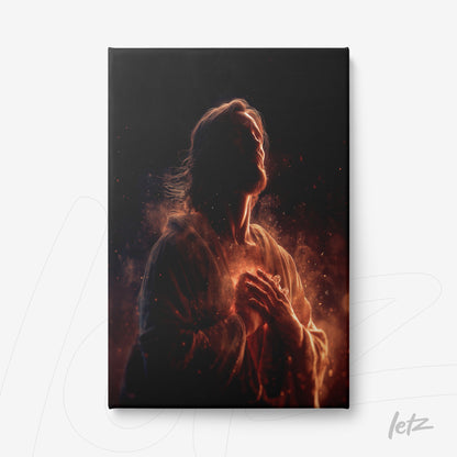 quadro em canvas com arte espiritual de figura iluminada em meio a luz e fumaça