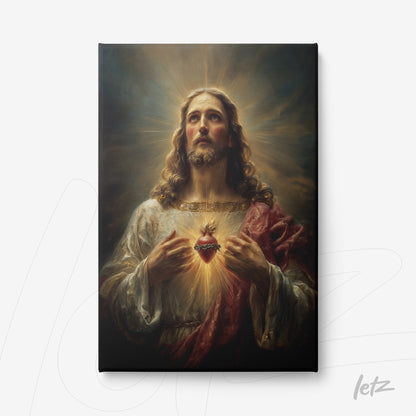 quadro em canvas com arte sacra retratando Jesus Cristo com coração resplandecente em fundo dramático