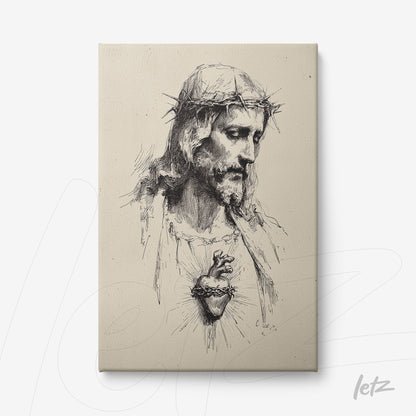 quadro em canvas com retrato do Cristo Crucificado em estilo clássico, fundo neutro e detalhes em tinta preta