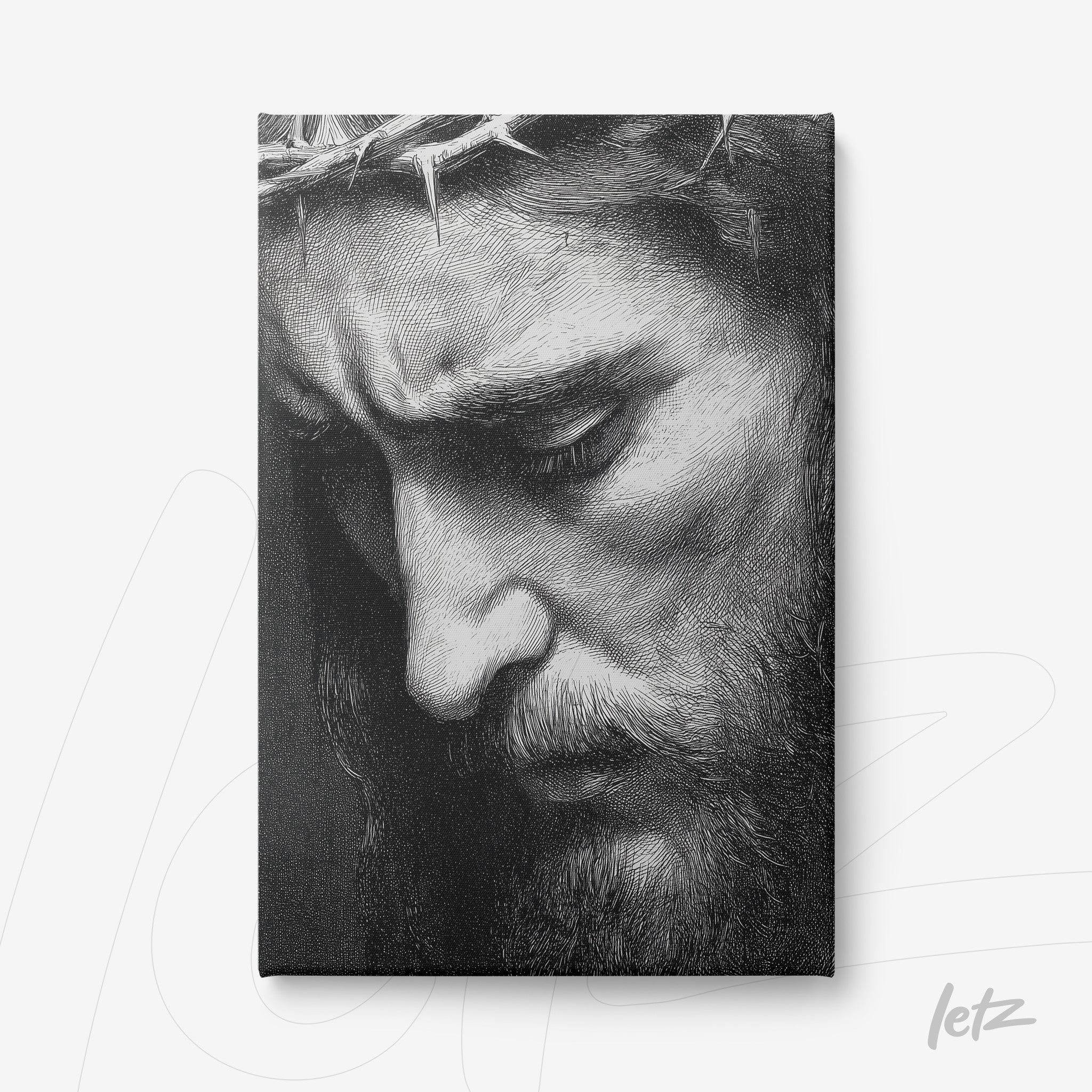 quadro com arte em preto e branco de um homem com olhar triste e coroa de espinhos