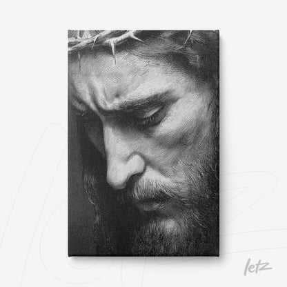 quadro com arte em preto e branco de um homem com olhar triste e coroa de espinhos