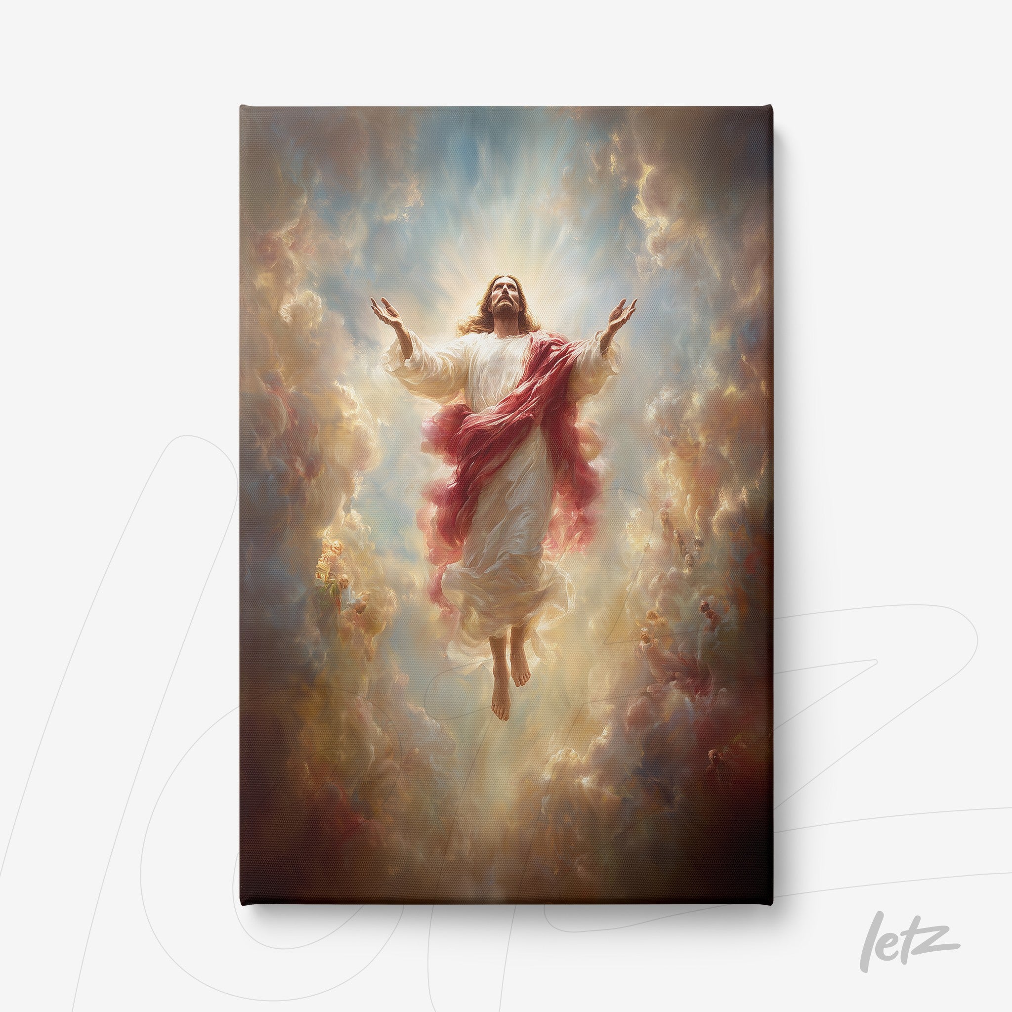 quadro em canvas com imagem de Jesus em ascensão cercado por nuvens dramáticas e luz celestial