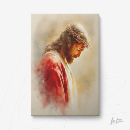 quadro em canvas com imagem de Jesus Cristo de perfil usando coroa de espinhos e vestuário vermelho, fundo suave em tons claros