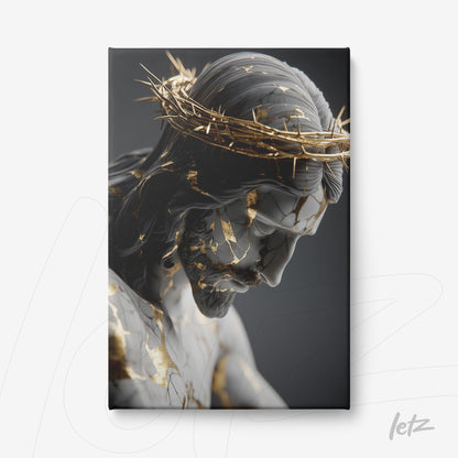 quadro em canvas representando a figura de Cristo com detalhes em ouro e coroa de espinhos