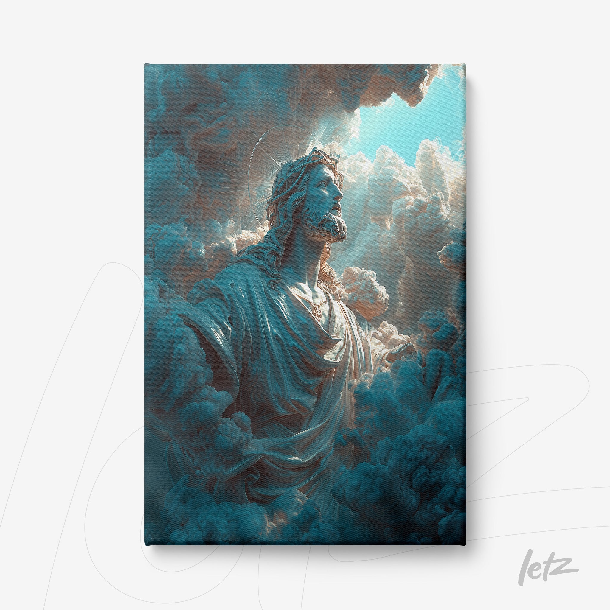 quadro em canvas com arte religiosa de figura divina emergindo entre nuvens volumosas em tons de azul e branco