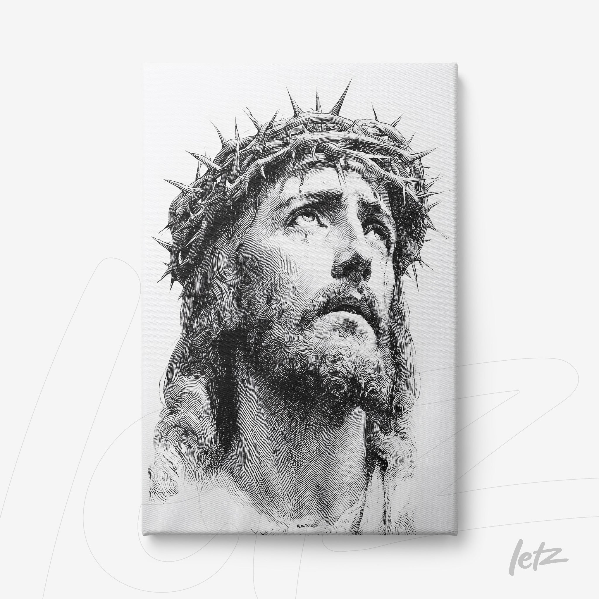 quadro em canvas com retrato em preto e branco de Jesus Cristo usando coroa de espinhos