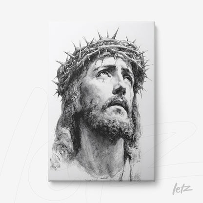 quadro em canvas com retrato em preto e branco de Jesus Cristo usando coroa de espinhos