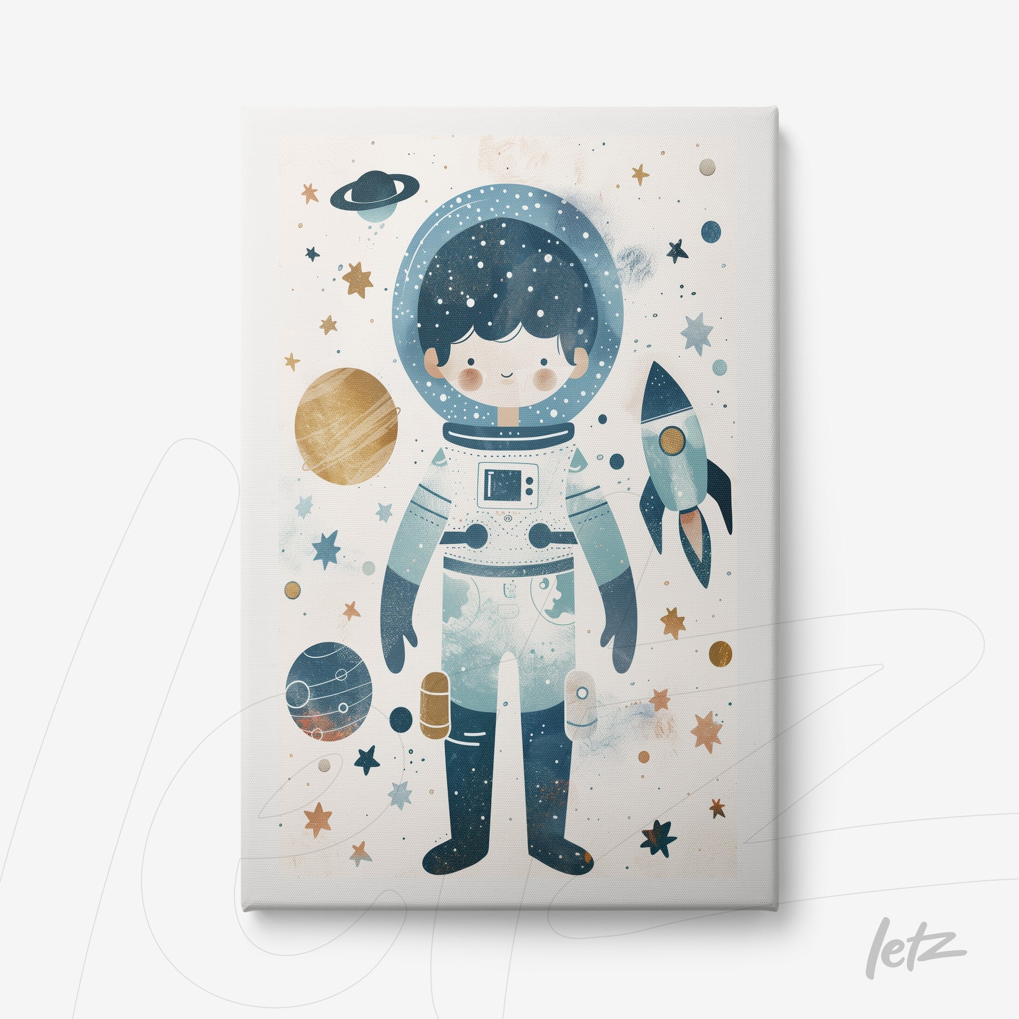 arte em canvas de astronauta infantil com fundo espacial e planetas em cores suaves