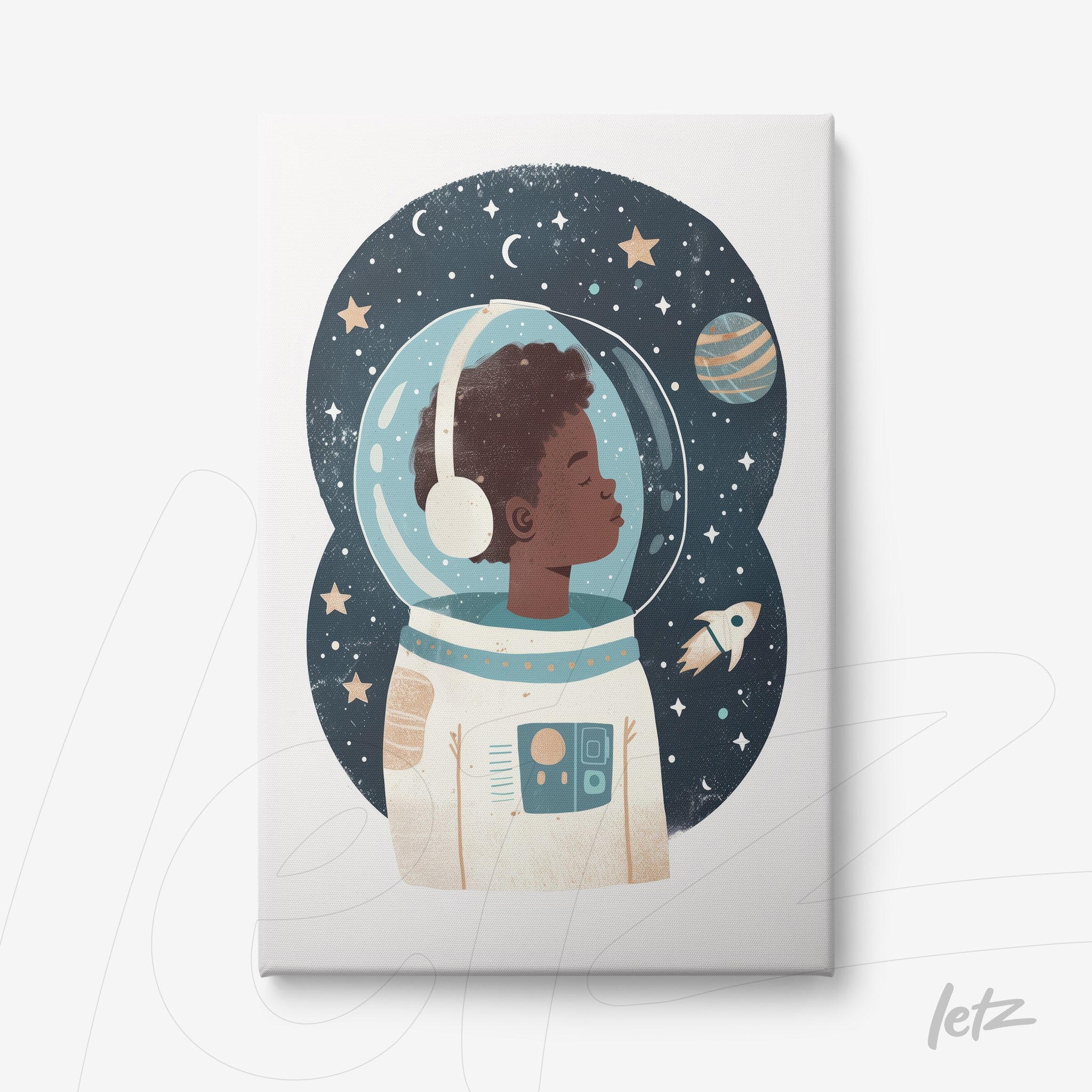 quadro em canvas com ilustração de garoto astronauta com capacete, estrela e planetas ao fundo