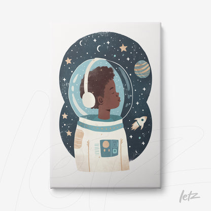 quadro em canvas com ilustração de garoto astronauta com capacete, estrela e planetas ao fundo