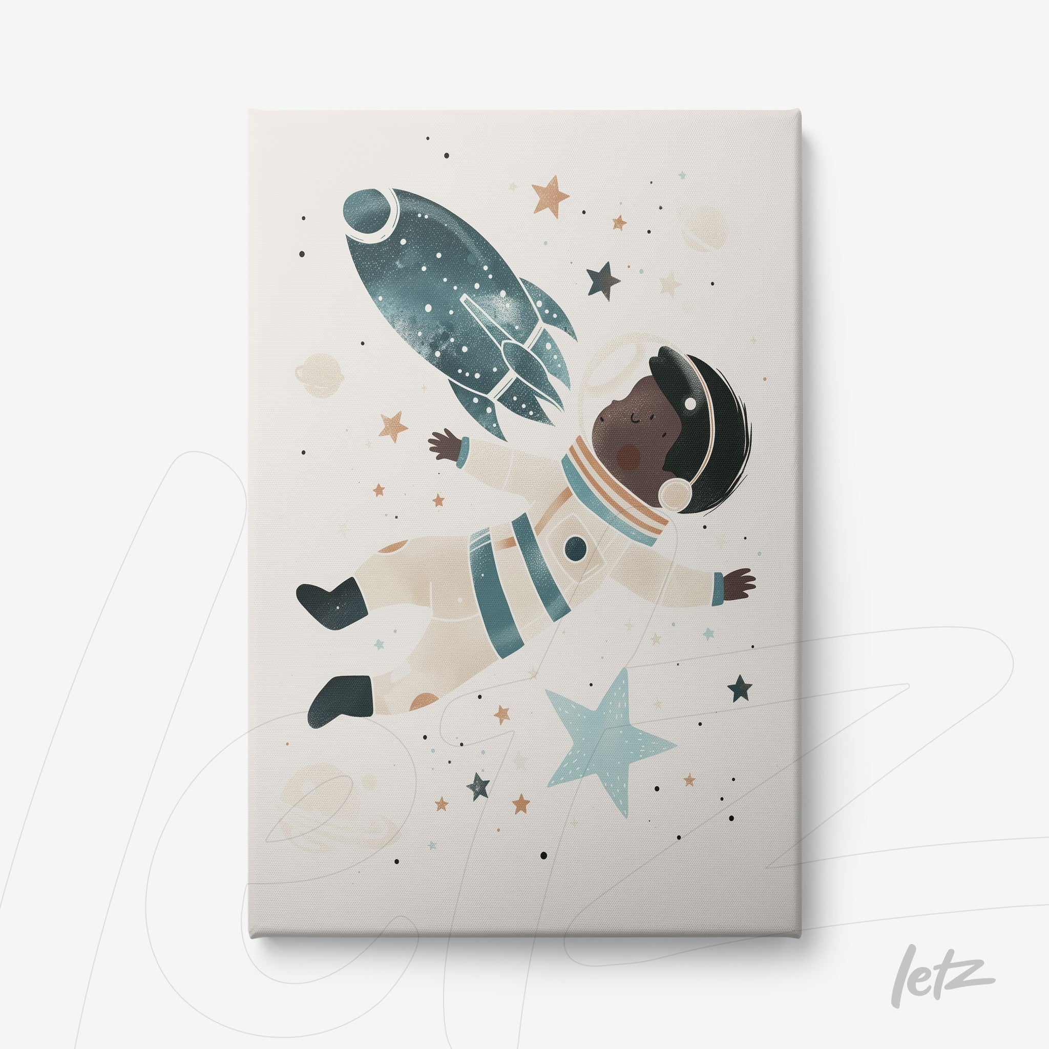 quadro em canvas apresentando astronauta negro flutuando no espaço com foguete e planetas em fundo claro