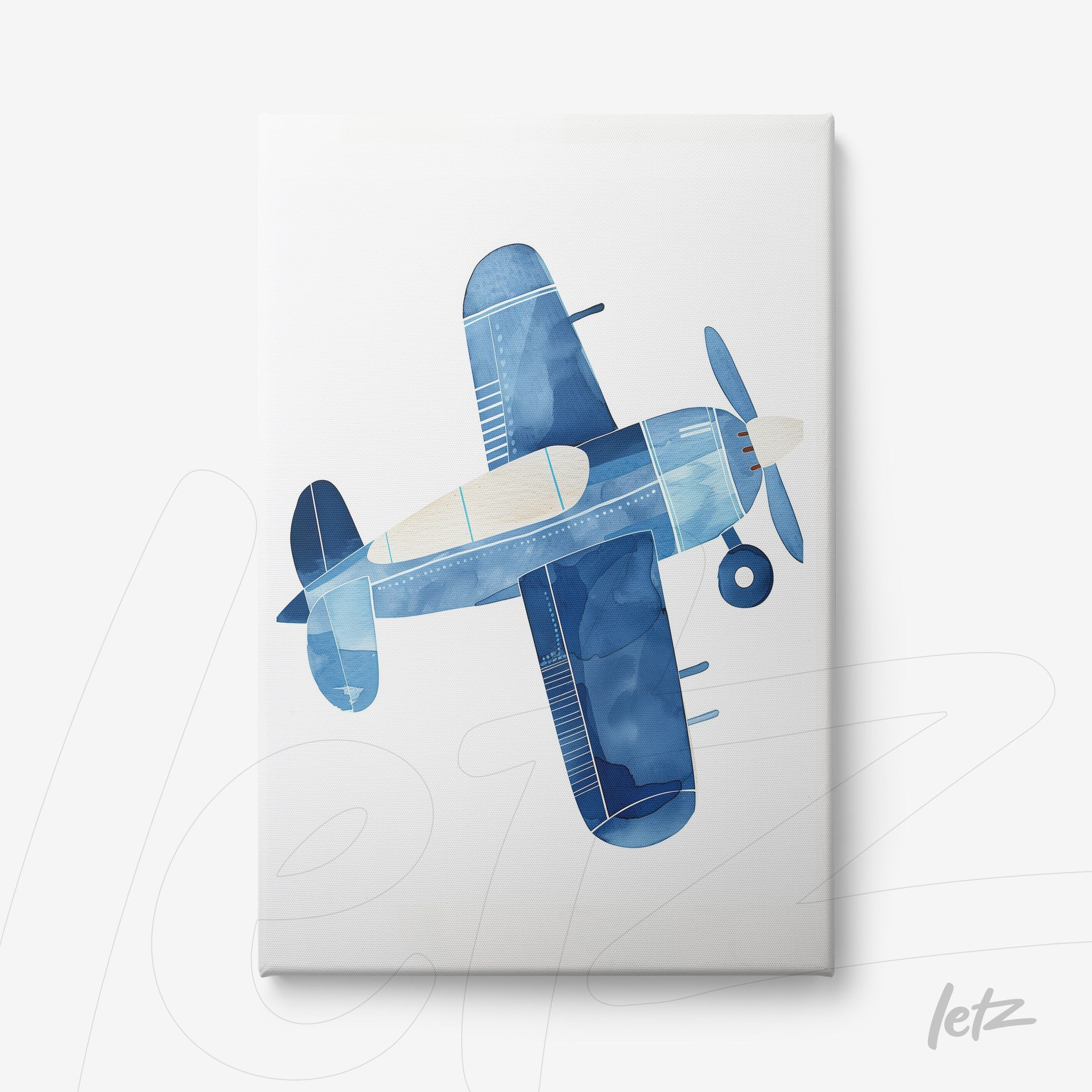 quadro com ilustração de um avião azul em estilo aquarelado sobre fundo claro