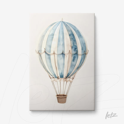 quadro em canvas com ilustração de balão de ar quente em tons de azul e branco