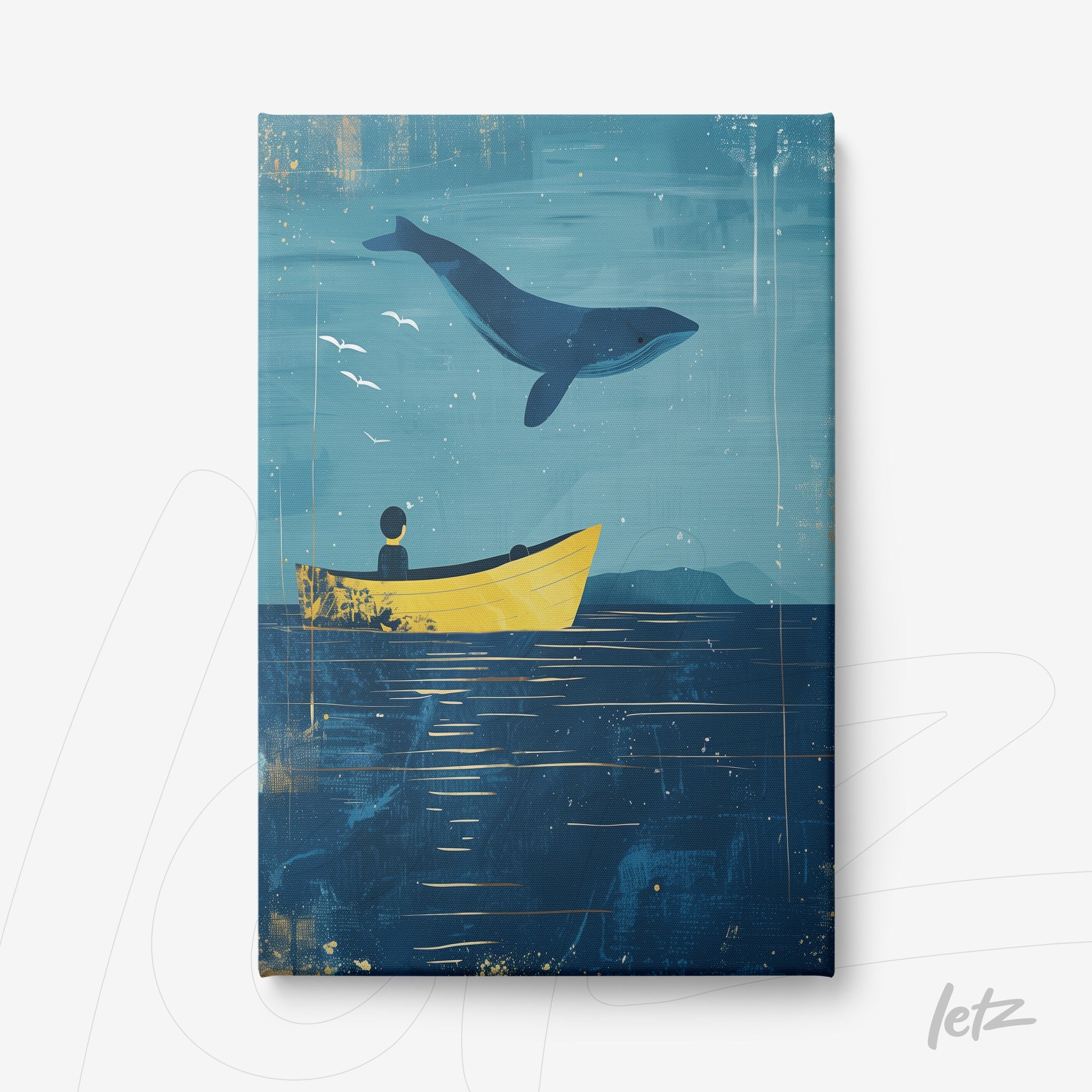 arte em canvas de um menino em um barco amarelo olhando para uma baleia saltando em fundo azul