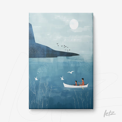 arte digital em canvas mostrando um casal em um barco em um lago sereno com montanhas ao fundo e céu azul