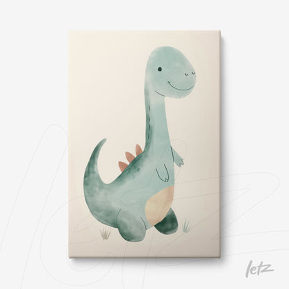 quadro em canvas com ilustração de um dinossauro amigável em tons de verde sobre fundo claro