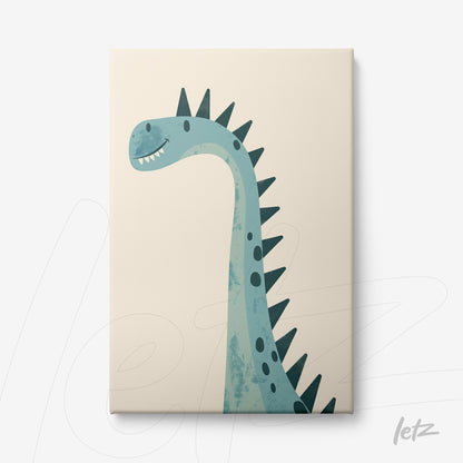 quadro em canvas com ilustração de um dinossauro azul com espinhas na cabeça em fundo claro