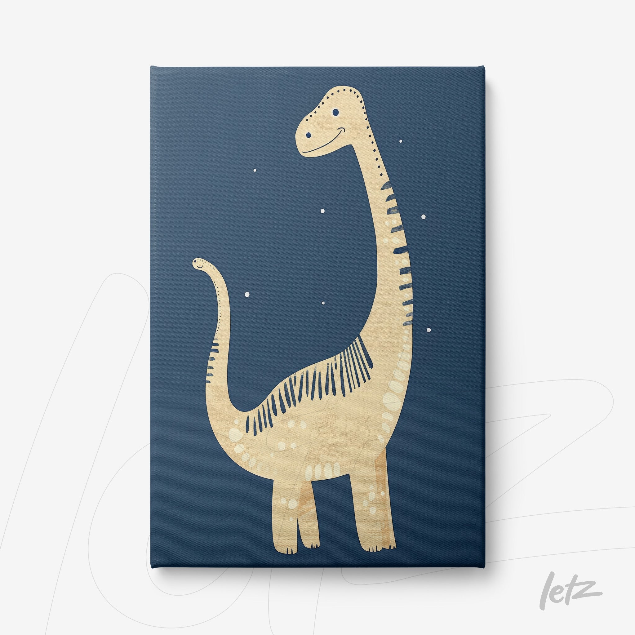 quadro em canvas com ilustração lúdica de dinossauros em fundo azul escuro