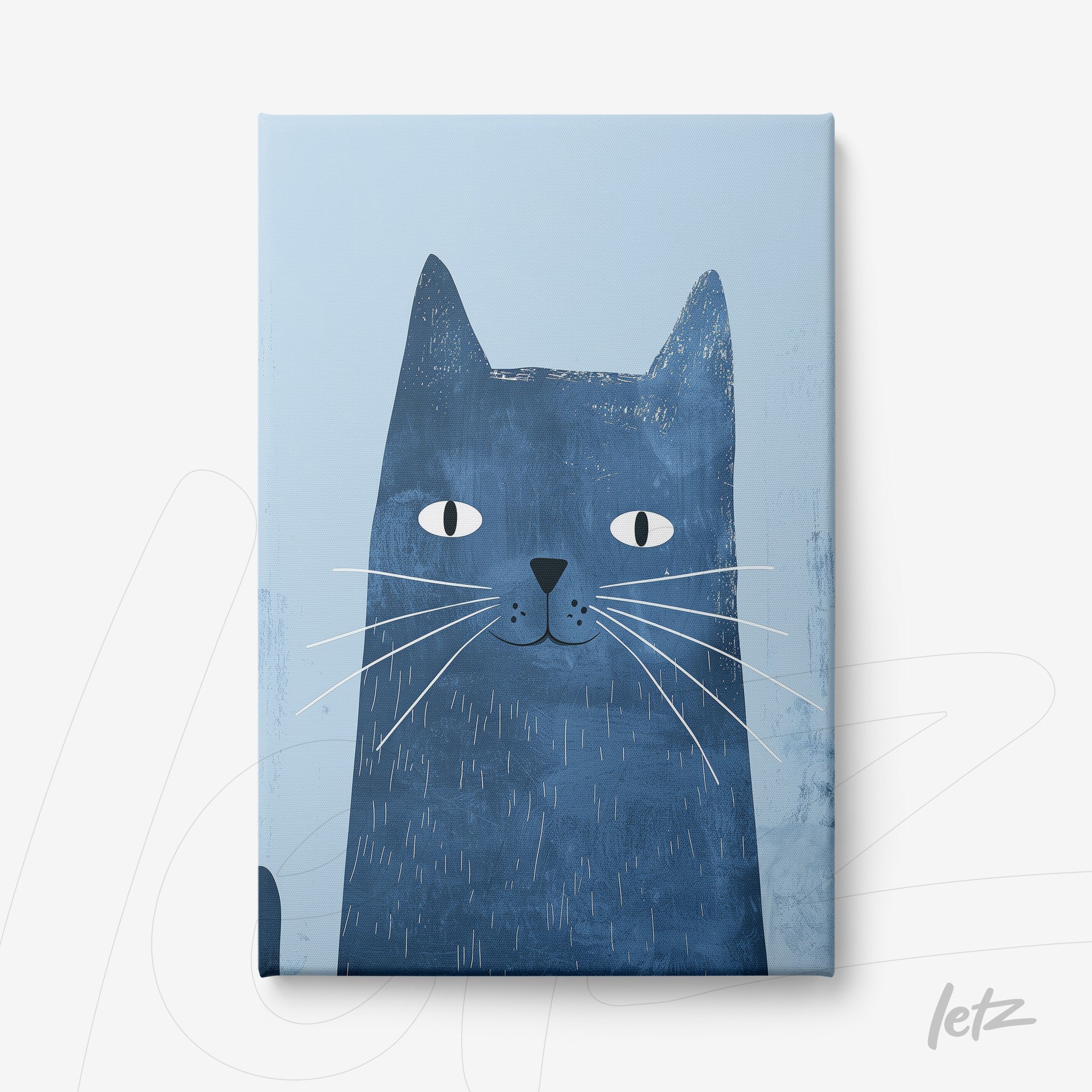 quadro em canvas com desenho de gato azul em fundo azul claro
