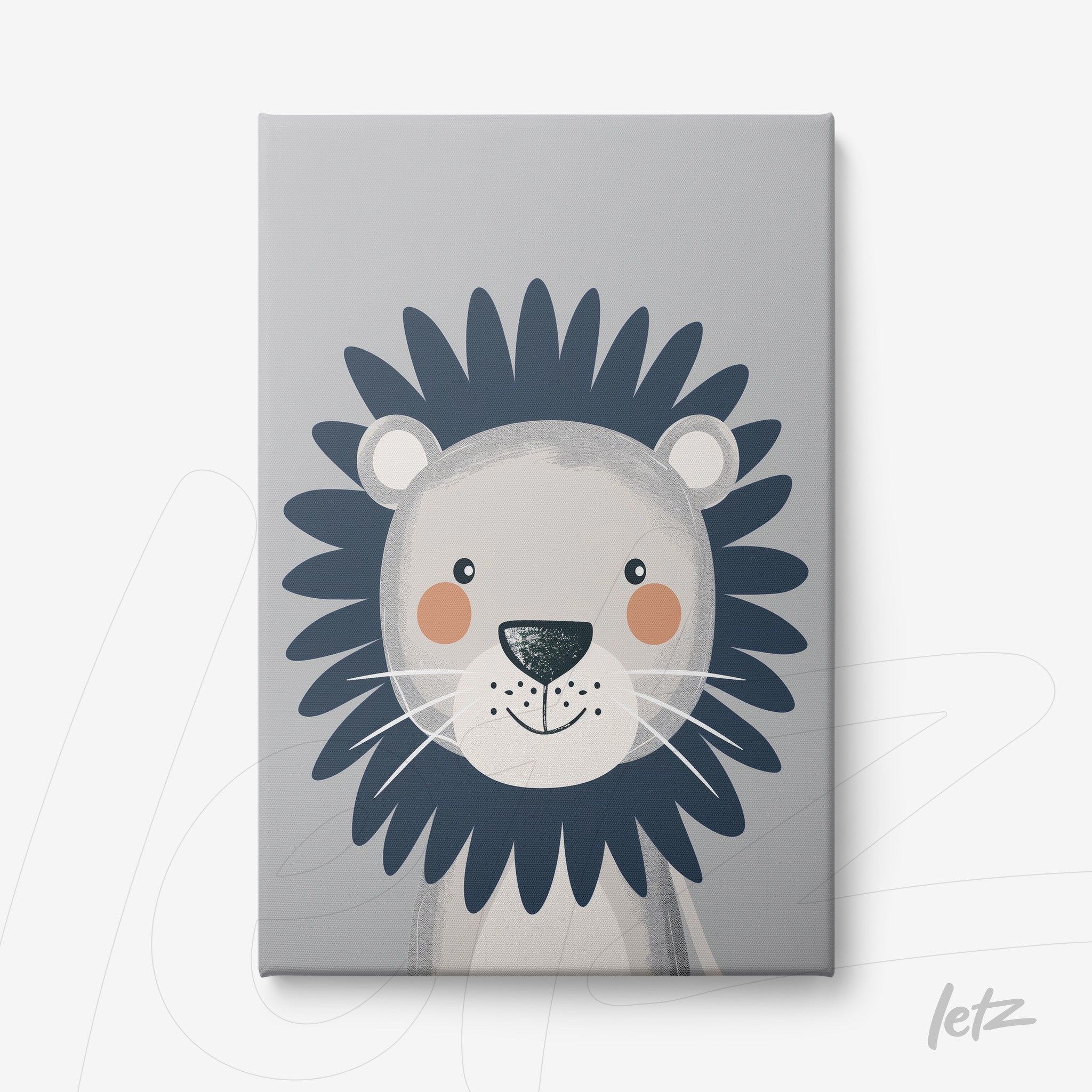 quadro em canvas com ilustração de leão estilizado em fundo cinza claro