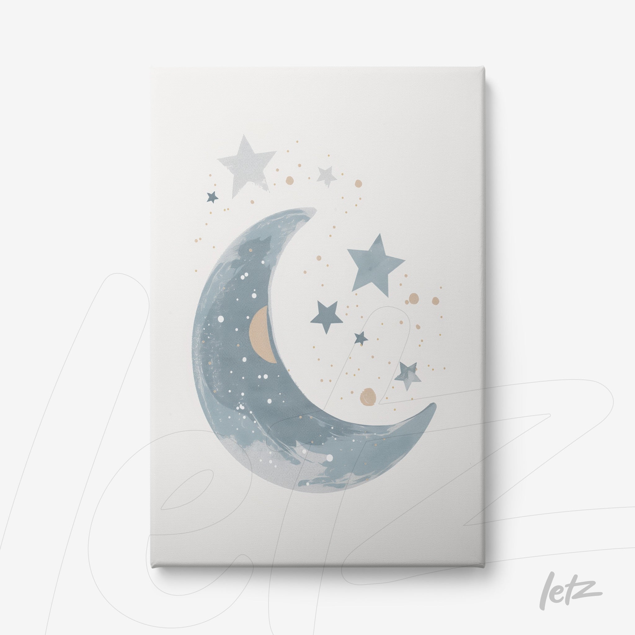 quadro em canvas com ilustração da lua crescente em tons de azul, cercada por estrelas e pontinhos em dourado e bege sobre fundo branco