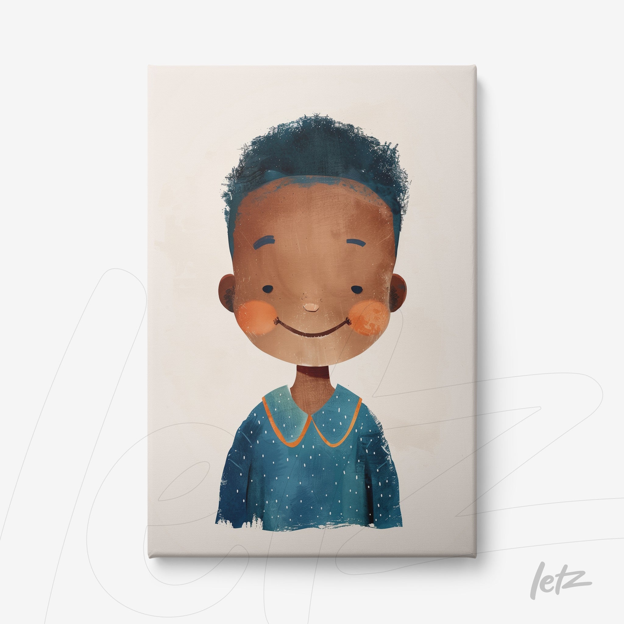 quadro em canvas com ilustração infantil de menina sorridente com blusa azul e cabelo crespo