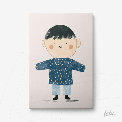 quadro em canvas com arte infantil de menino com cabelos escuros, vestido com um casaco azul e calças claras sobre fundo rosa