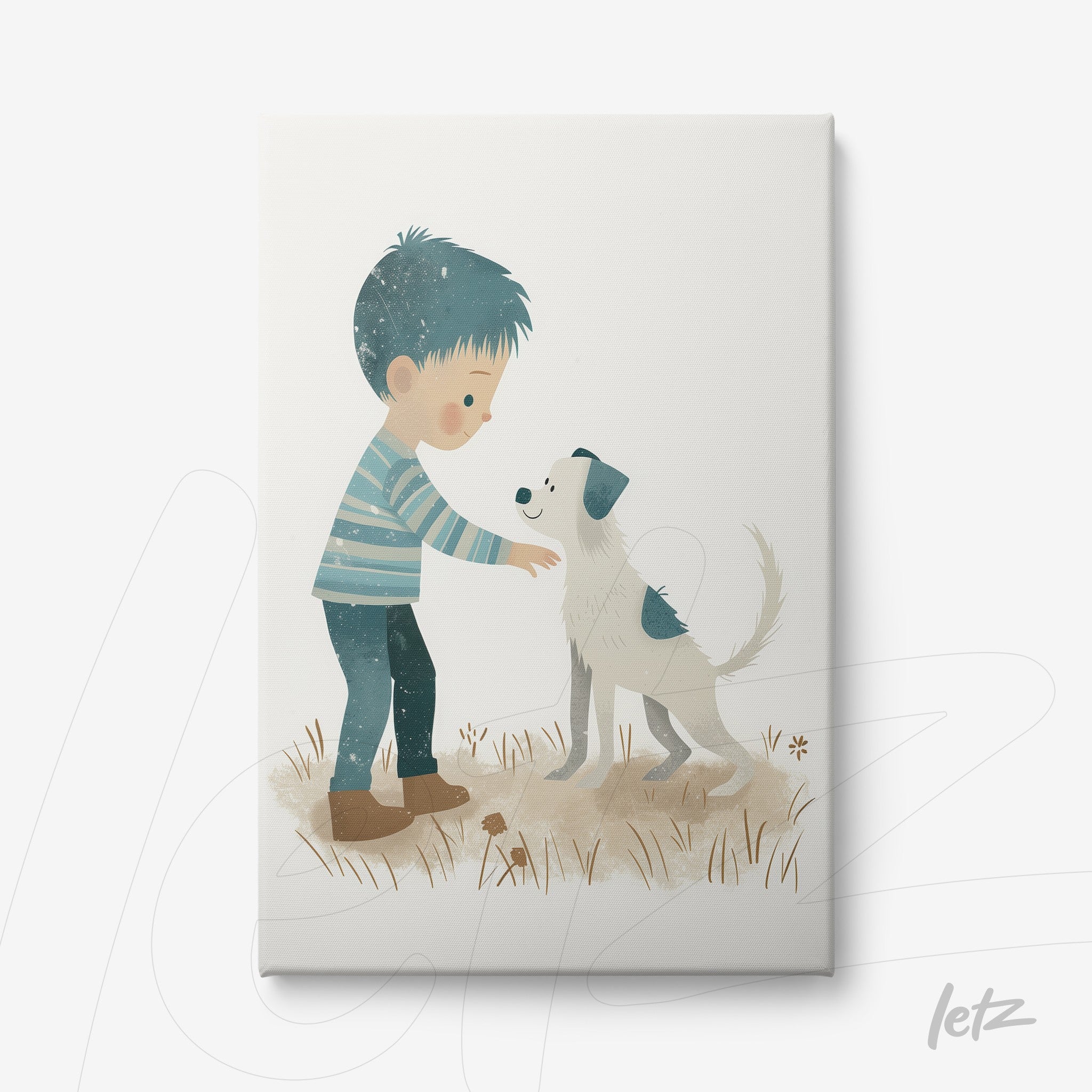 quadro em canvas com ilustração de menino interagindo com um cachorro em um fundo claro