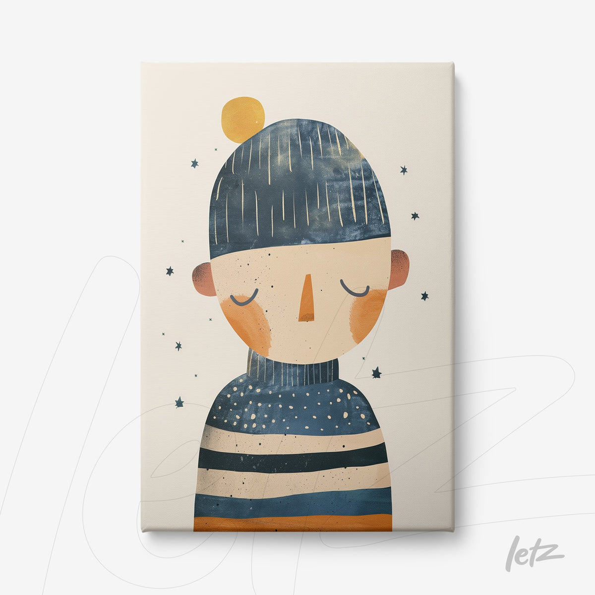 arte digital em tela de um menino com boné azul e camiseta listrada em tons de azul, laranja e branco contra fundo claro com estrelas