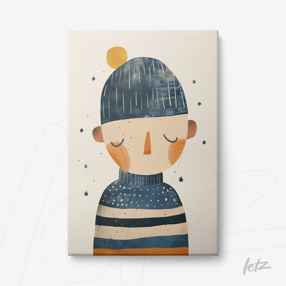 arte digital em tela de um menino com boné azul e camiseta listrada em tons de azul, laranja e branco contra fundo claro com estrelas