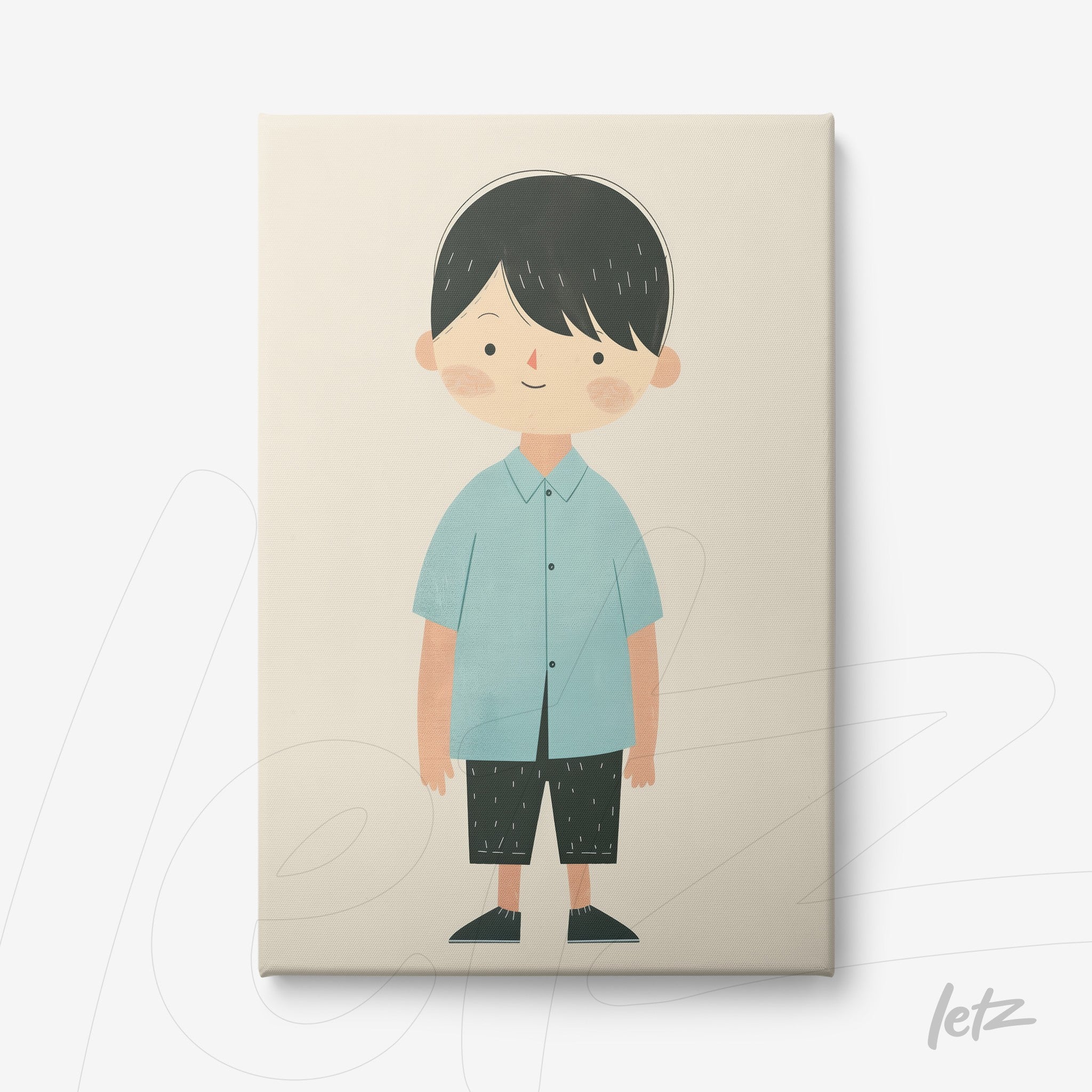 quadro em tela com ilustração de menino sorridente usando camisa azul e calças pretas