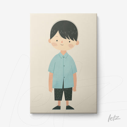 quadro em tela com ilustração de menino sorridente usando camisa azul e calças pretas