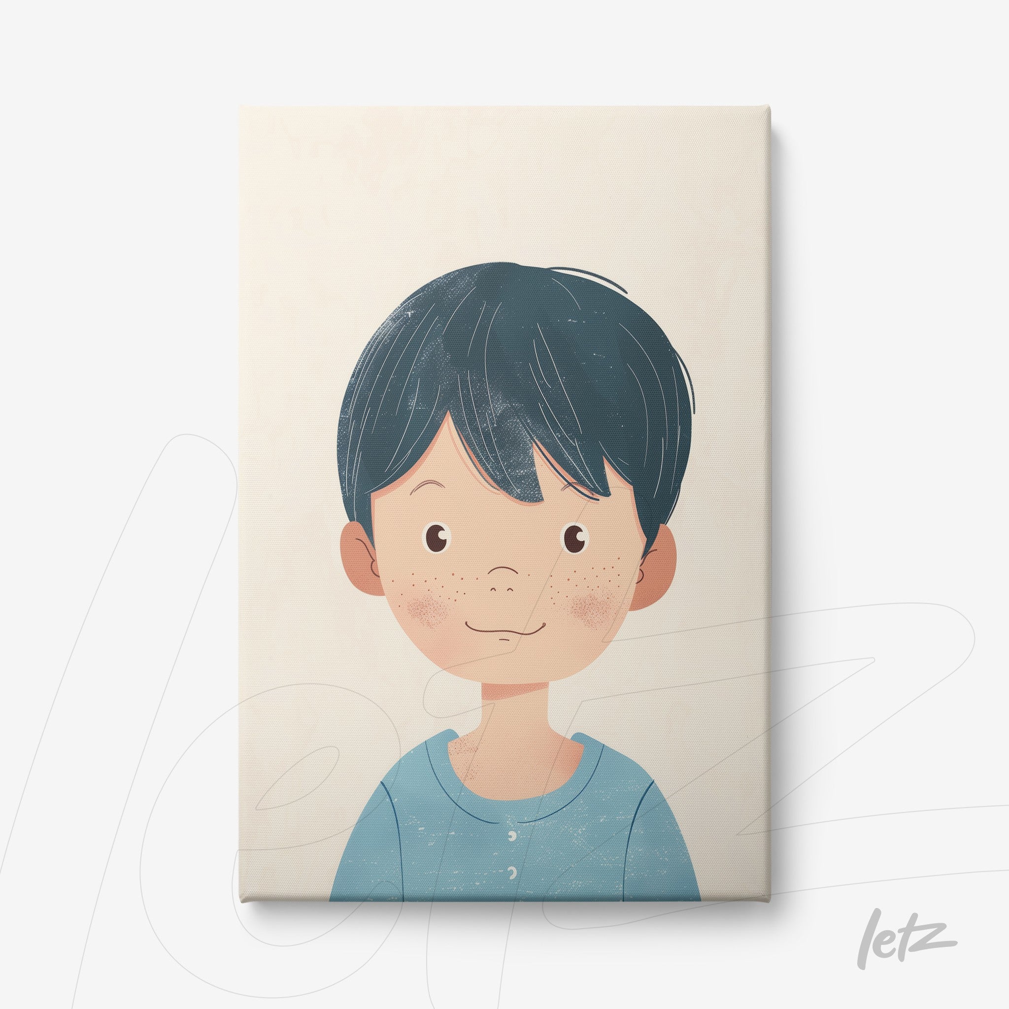 quadro em tela com ilustração de menino sorridente com cabelo preto e camisa azul clara sobre fundo neutro