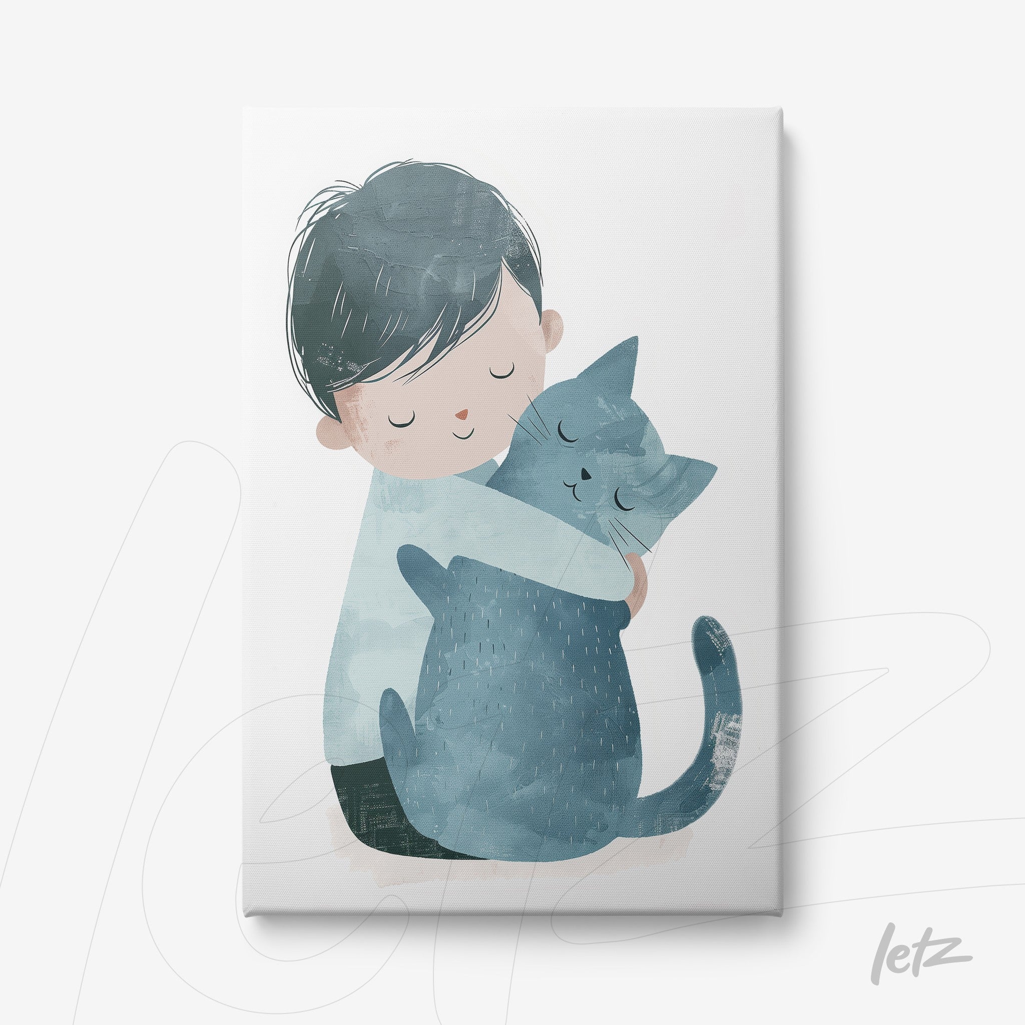 quadro em canvas com ilustração de menino segurando um gato azul em um fundo claro