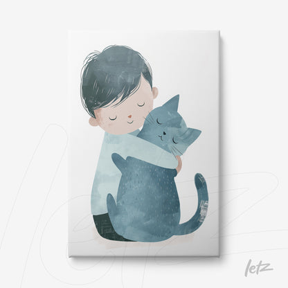 quadro em canvas com ilustração de menino segurando um gato azul em um fundo claro