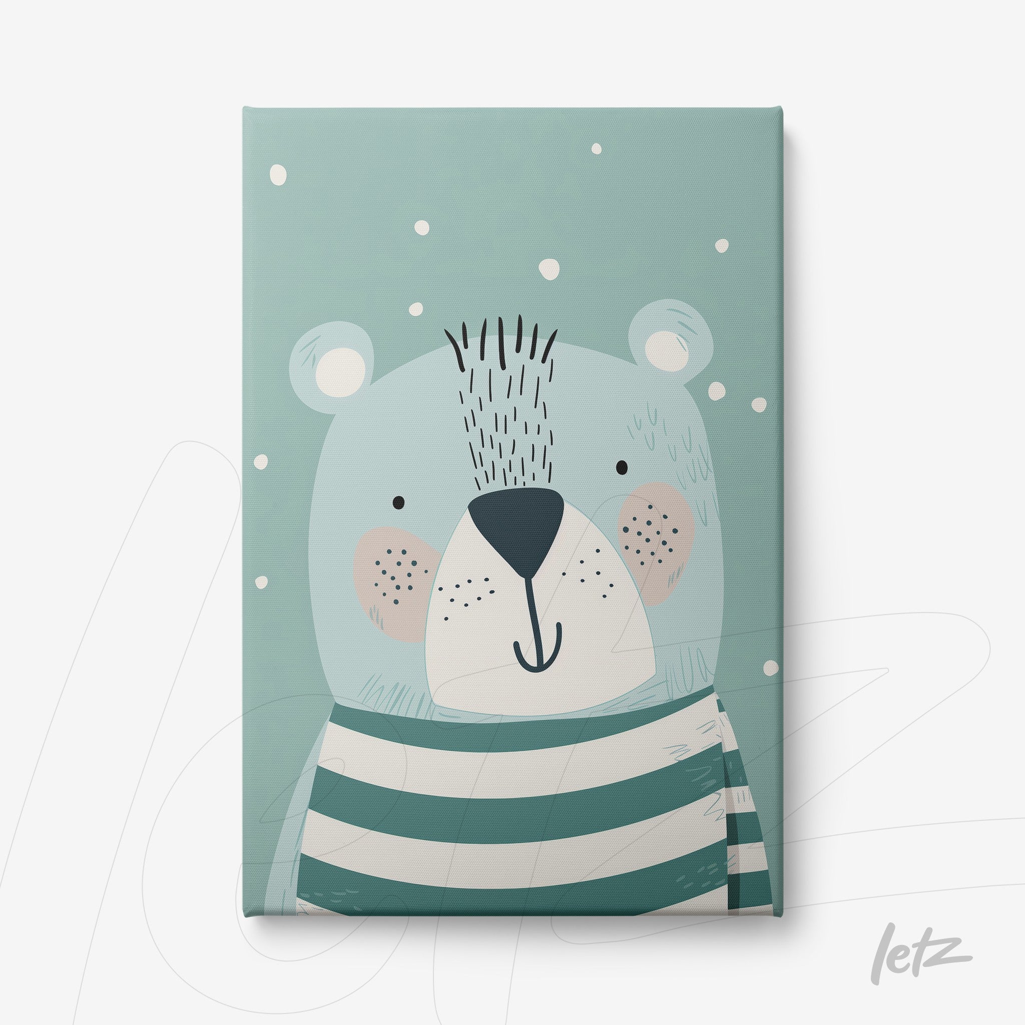 quadro em canvas com ilustração lúdica de um urso fofinho em fundo azul claro com flocos de neve