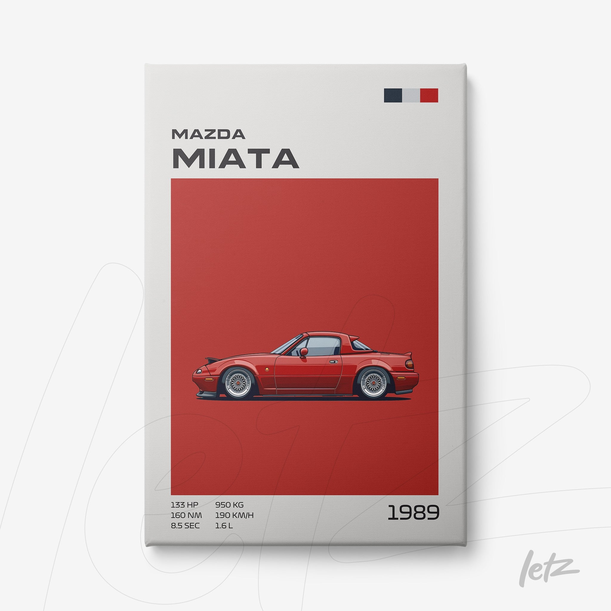 quadro com ilustração do carro Mazda Miata de 1989, fundo vermelho sólido e informações sobre potência e peso