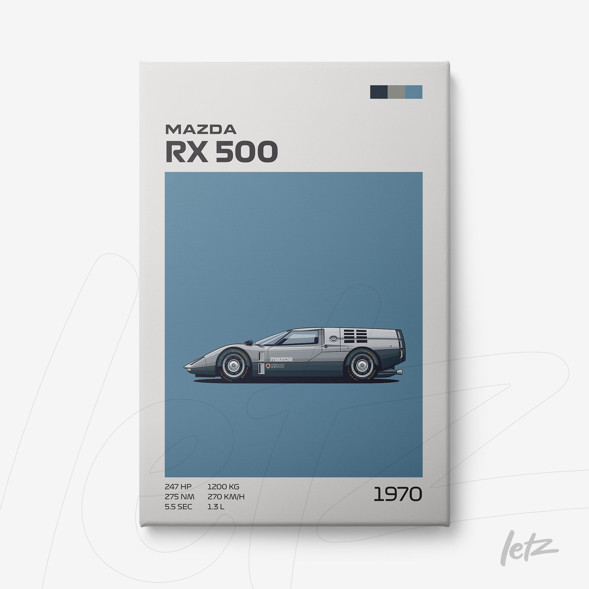 quadro com ilustração gráfica do carro Mazda RX 500 em fundo azul, destacando detalhes como potência, peso e velocidade