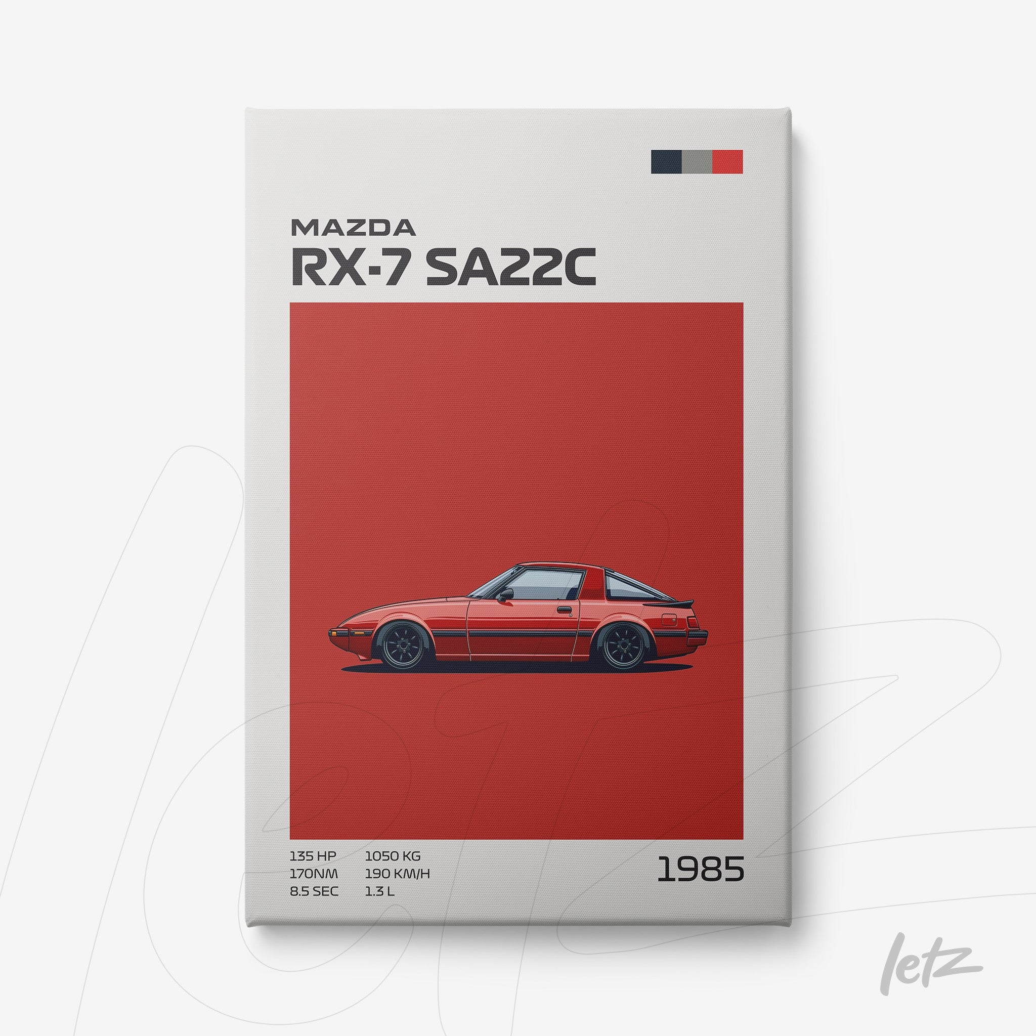 quadro com ilustração estilizada do carro Mazda RX-7 SA22C de 1985 em fundo vermelho sólido