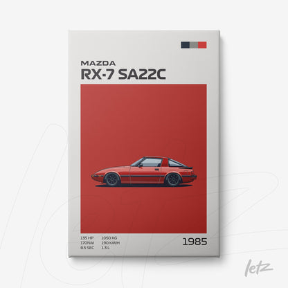 quadro com ilustração estilizada do carro Mazda RX-7 SA22C de 1985 em fundo vermelho sólido
