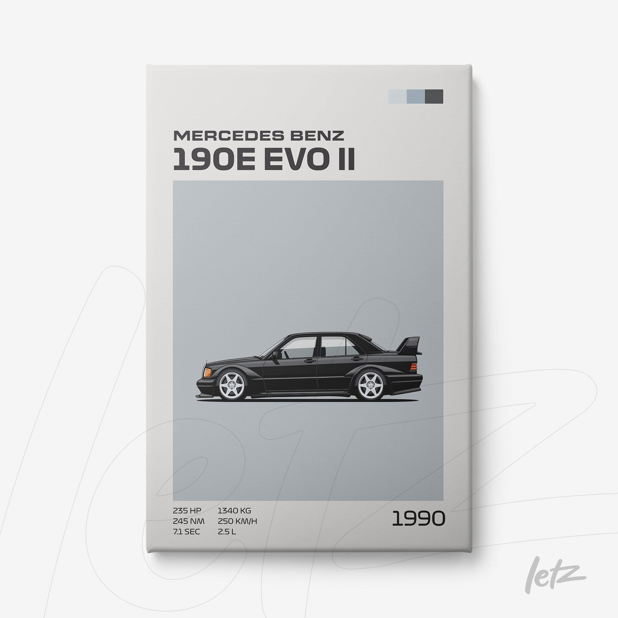 quadro com arte digital do carro Mercedes Benz 190E EVO II em fundo cinza claro
