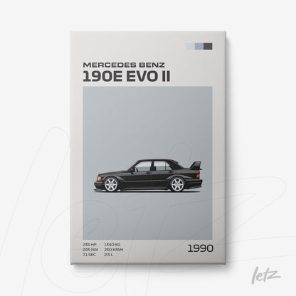 quadro com arte digital do carro Mercedes Benz 190E EVO II em fundo cinza claro