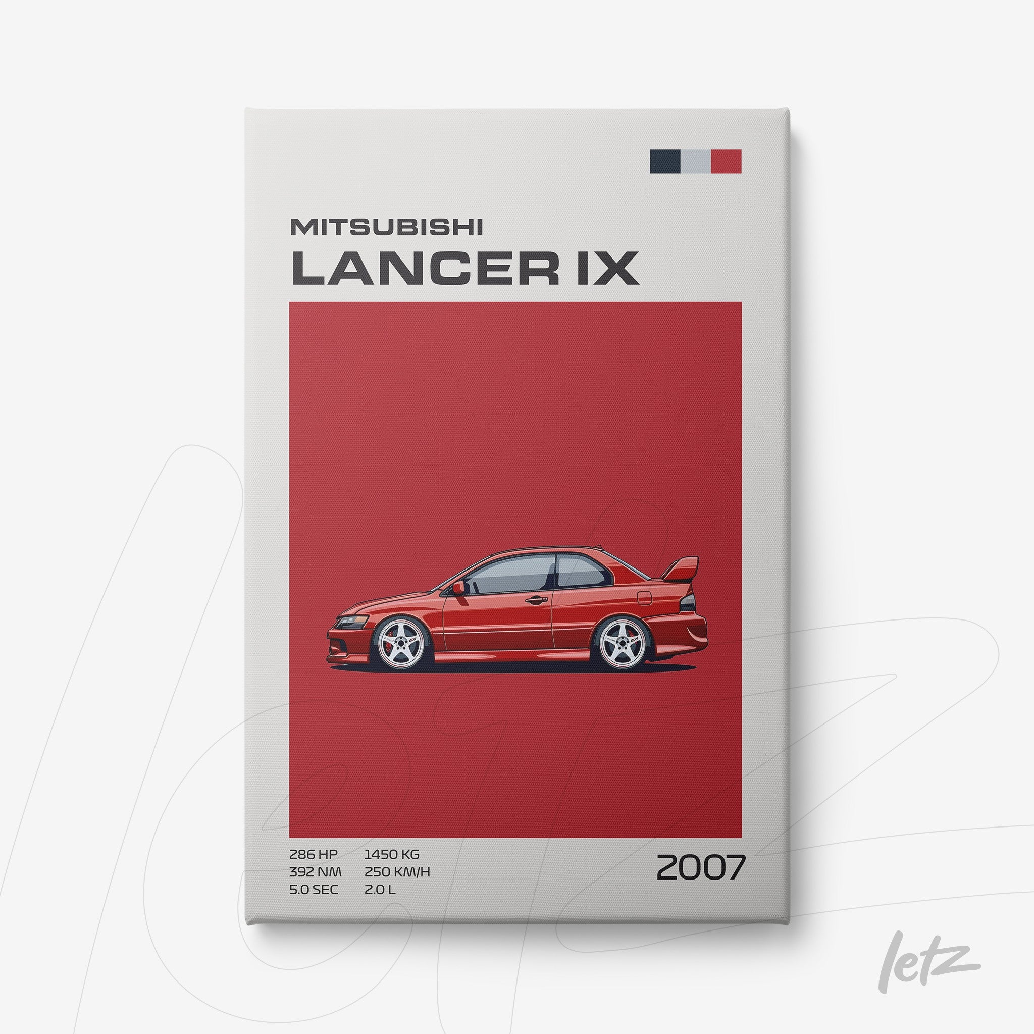quadro decorativo com ilustração do carro Mitsubishi Lancer IX em fundo vermelho e detalhes gráficos
