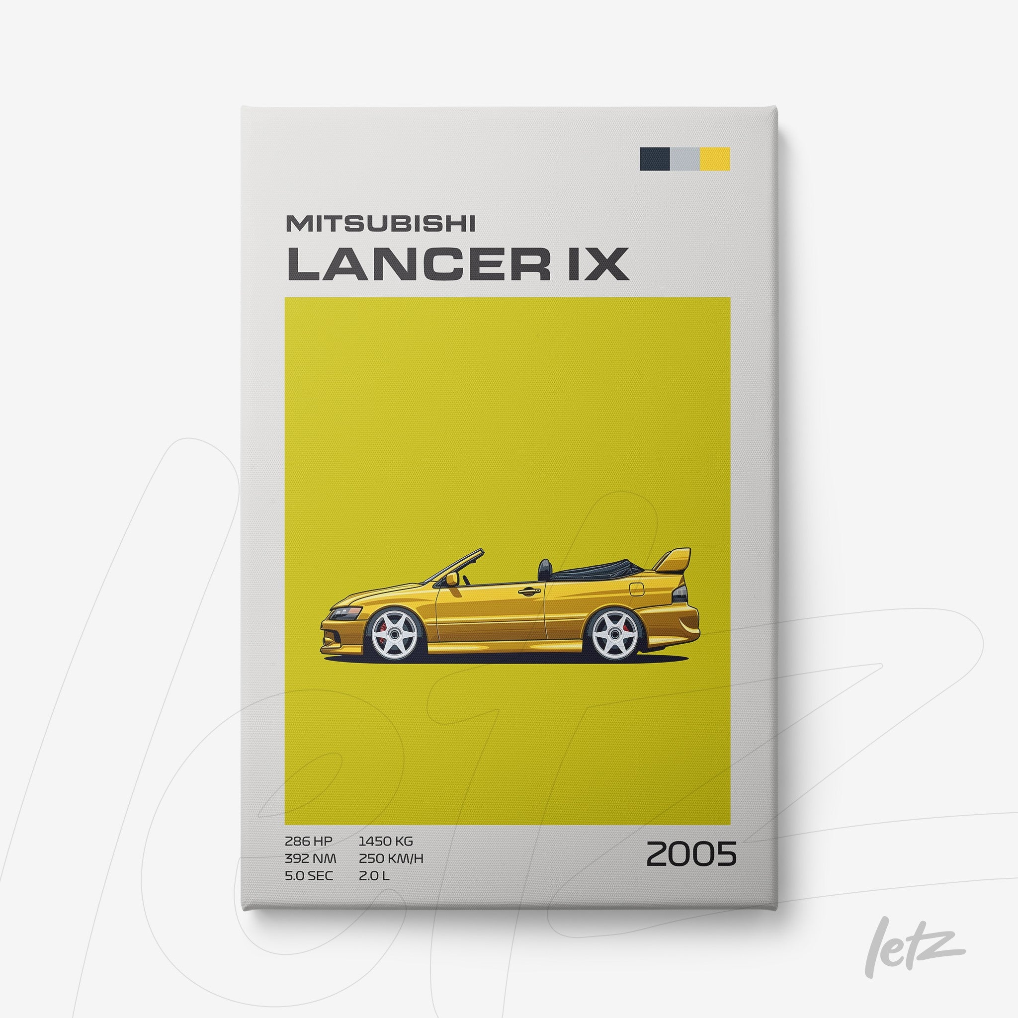 quadro em canvas com ilustração digital do carro Mitsubishi Lancer IX de 2005 em fundo amarelo vibrante