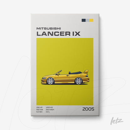 quadro em canvas com ilustração digital do carro Mitsubishi Lancer IX de 2005 em fundo amarelo vibrante