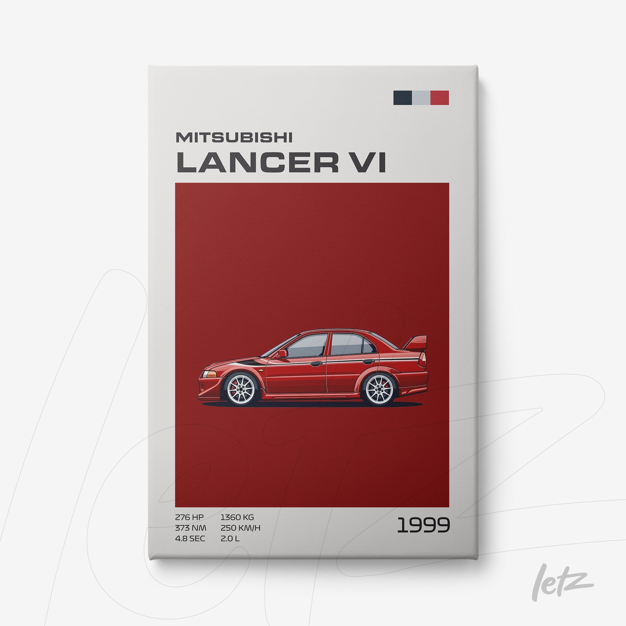 quadro com ilustração do Mitsubishi Lancer VI de 1999 em fundo vermelho